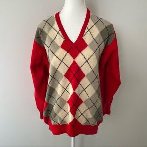 Lyle & Scott 100% Lambswool Red Argyle Printed V Neck Sweater Academia Preppy